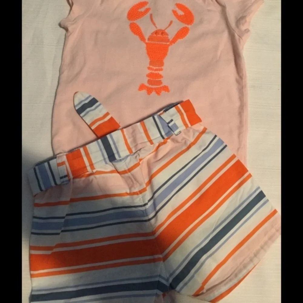 GYMBOREE lovely girls set orange lobster design top & striped shorts size 5